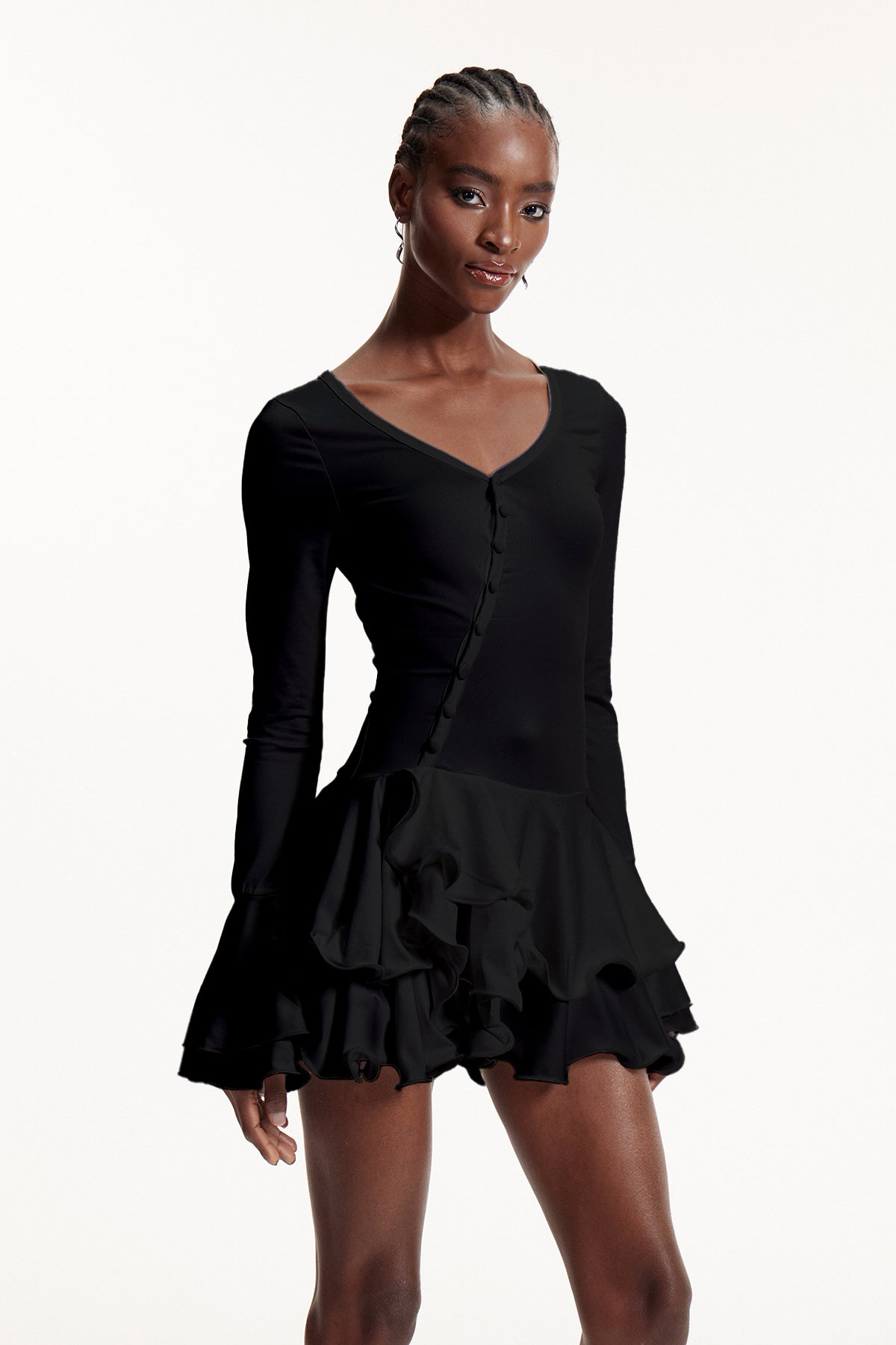 Ellington Asymmetric Button Ruffle Mini Dress In Black