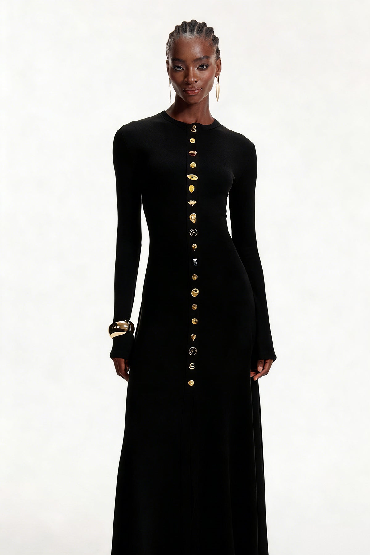 Elodie Button Ruffle Maxi Dress In Black