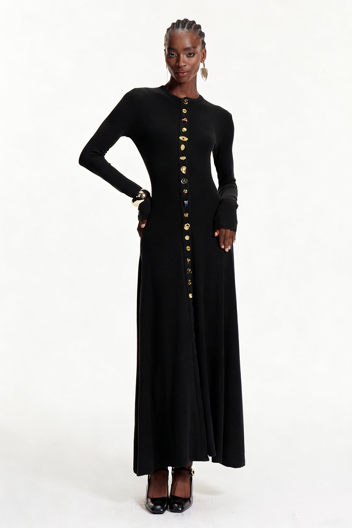 Elodie Button Ruffle Maxi Dress In Black