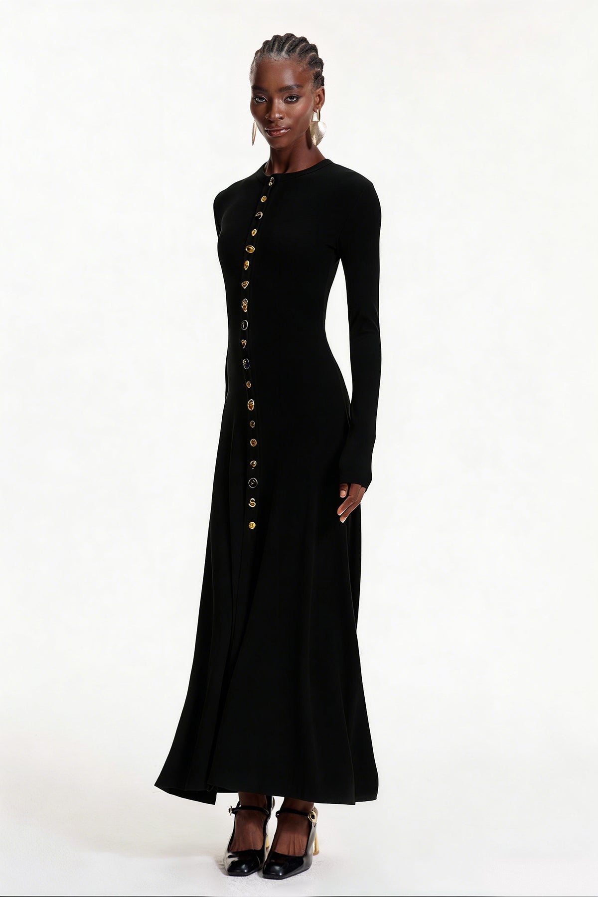 Elodie Button Ruffle Maxi Dress In Black