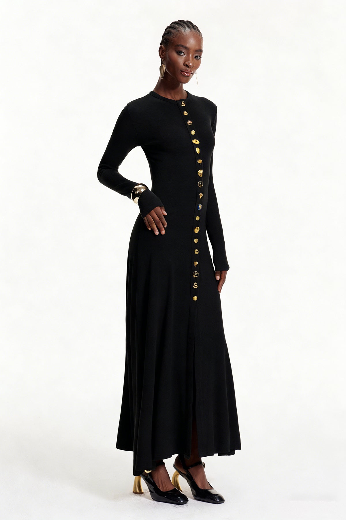 Elodie Button Ruffle Maxi Dress In Black