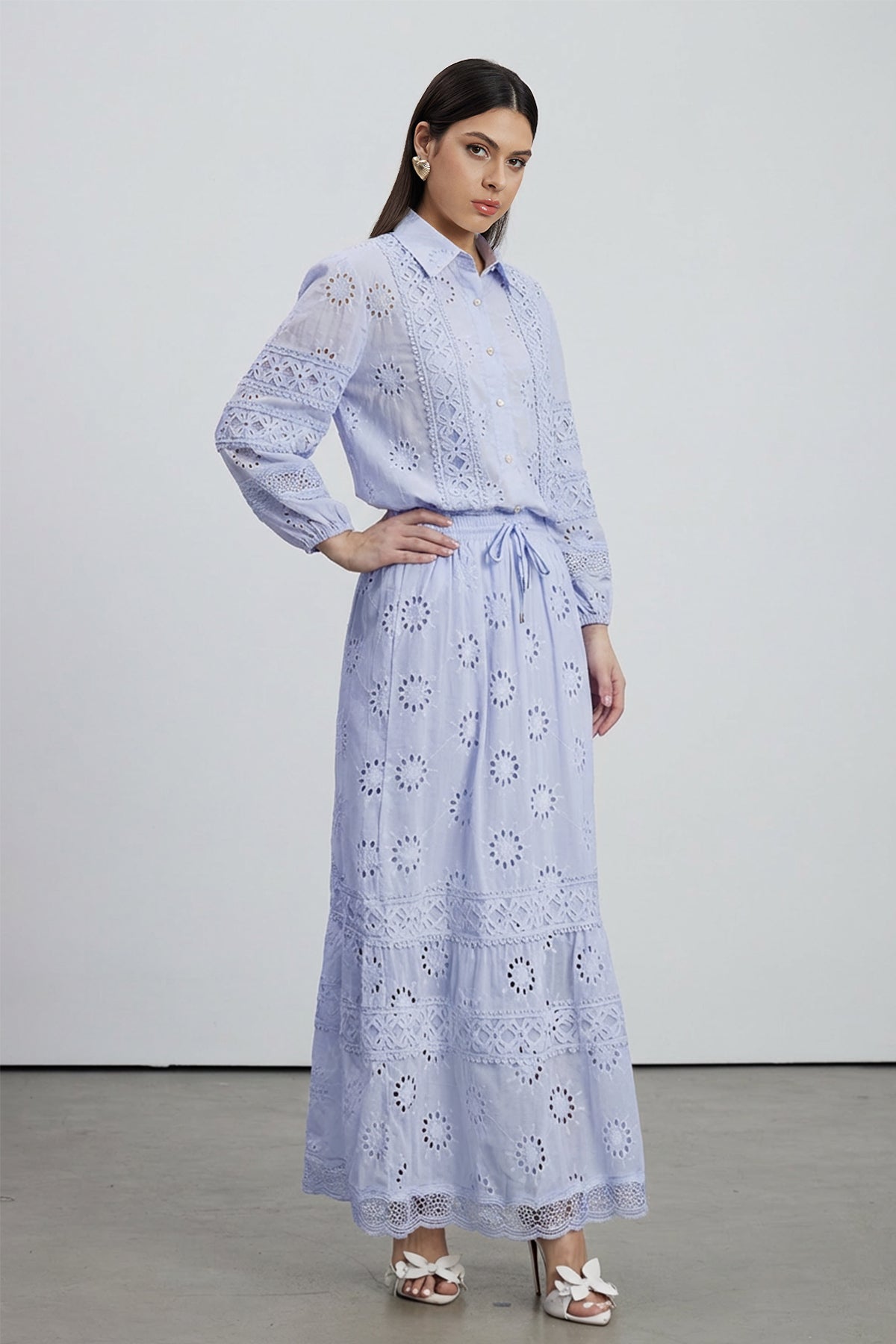 Eman Floral Cutout Skirt Set In Blue
