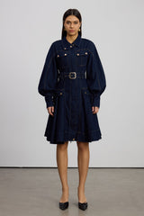 Emerentius Balloon Sleeve Denim Mini Dress In Dark Wash