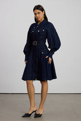 Emerentius Balloon Sleeve Denim Mini Dress In Dark Wash