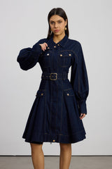 Emerentius Balloon Sleeve Denim Mini Dress In Dark Wash