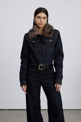 Emeterio Faux Fur Denim Pants Set In Dark Wash