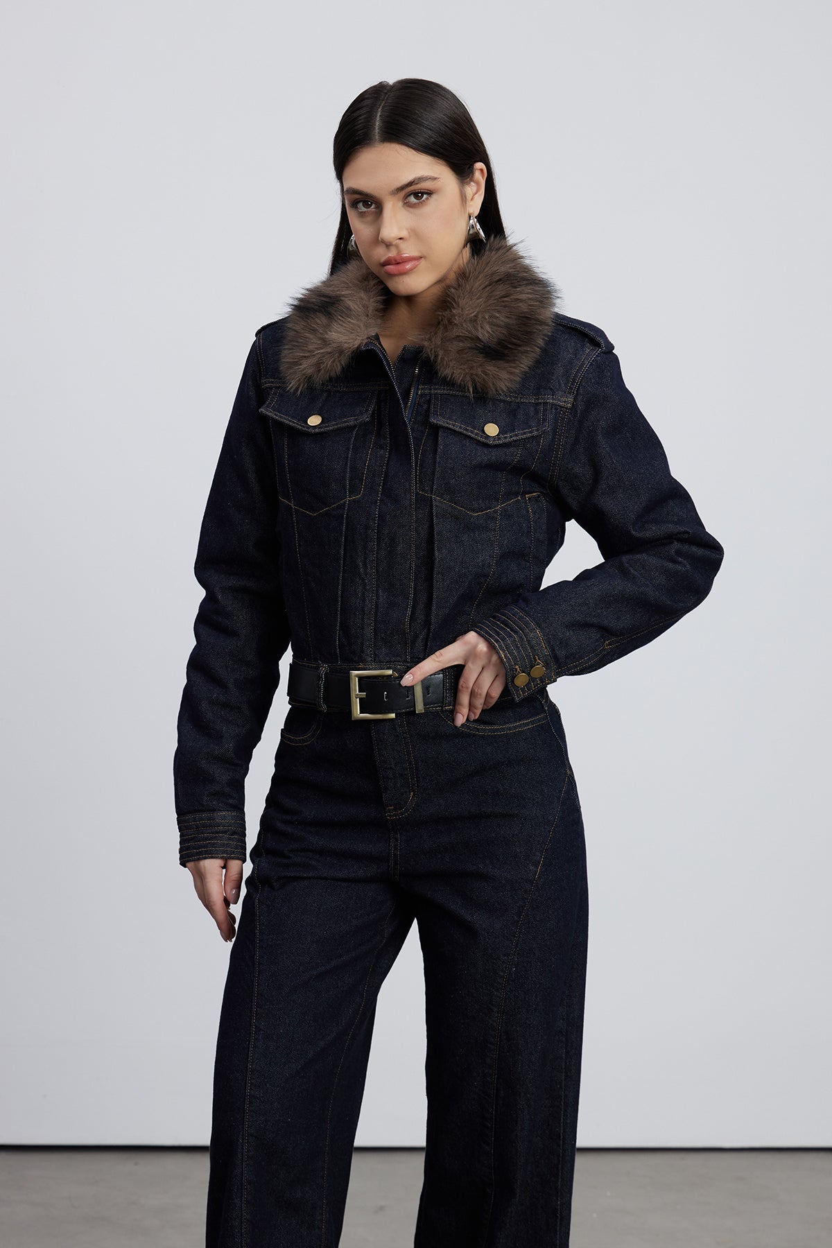 Emeterio Faux Fur Denim Pants Set In Dark Wash