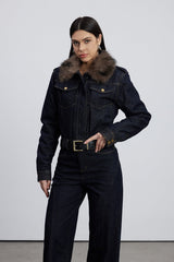 Emeterio Faux Fur Denim Pants Set In Dark Wash