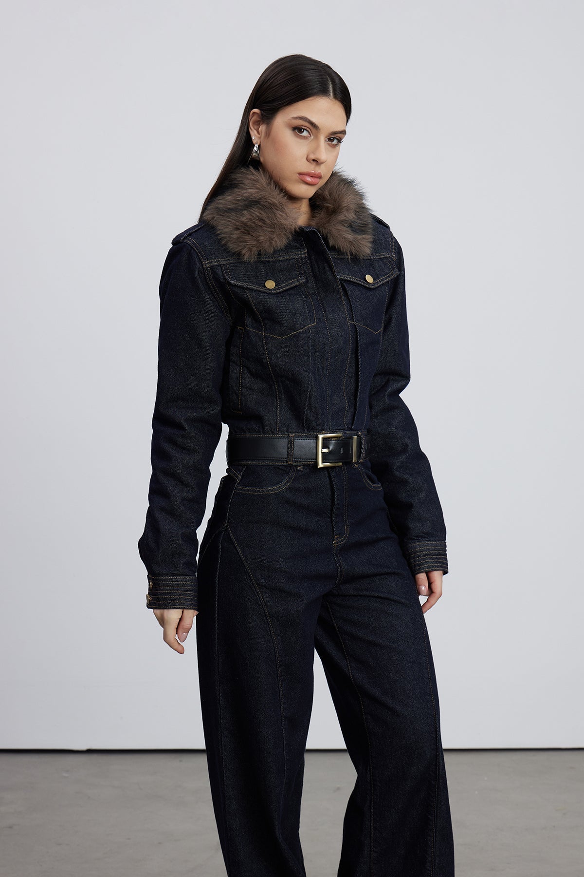 Emeterio Faux Fur Denim Pants Set In Dark Wash