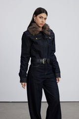 Emeterio Faux Fur Denim Pants Set In Dark Wash
