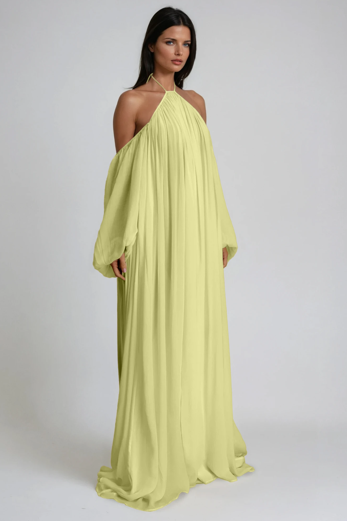 Emmanuele Backless Balloon Sleeve Maxi Dress In Butter Yellow