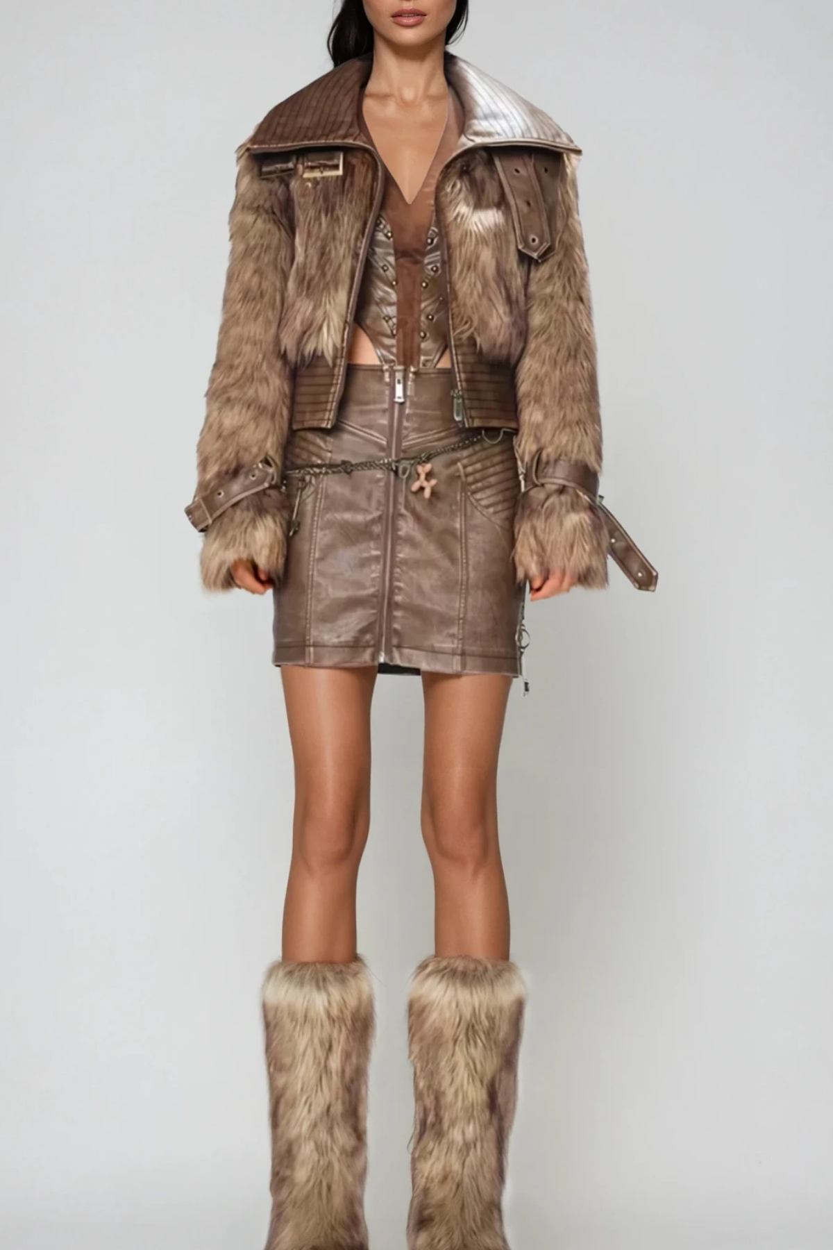 Emmeline Faux Fur Funnel Neck Jacket In Brown