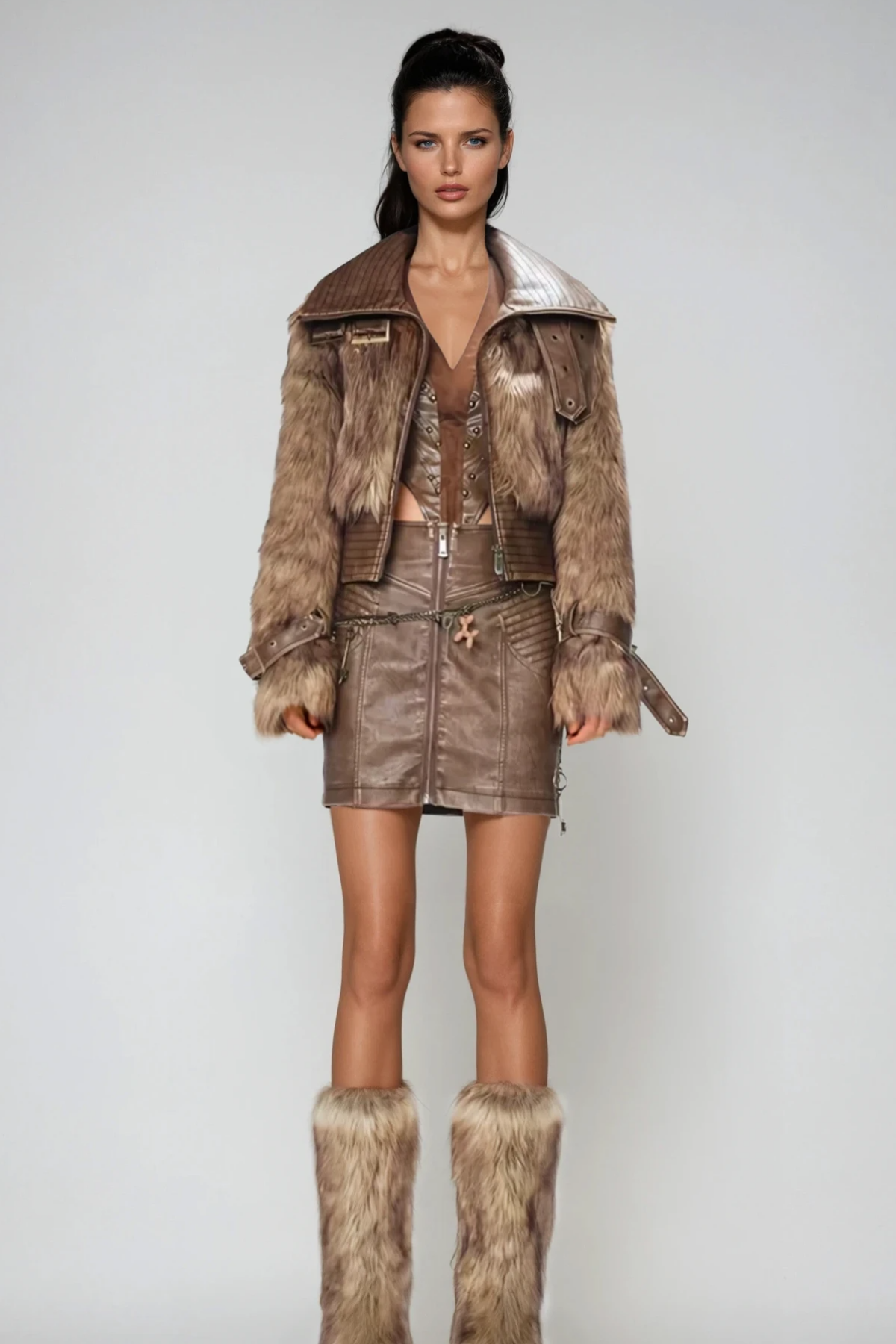 Emmeline Faux Fur Funnel Neck Jacket In Brown