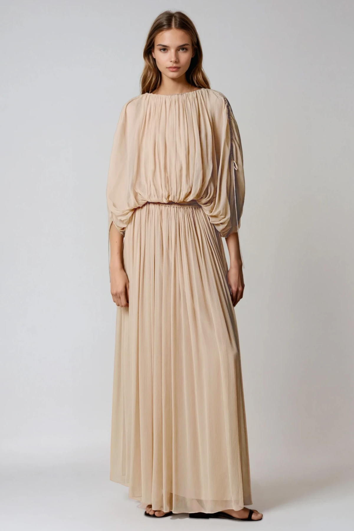 Faarax Drawstring Batwing Sleeve Ruch Skirt Set