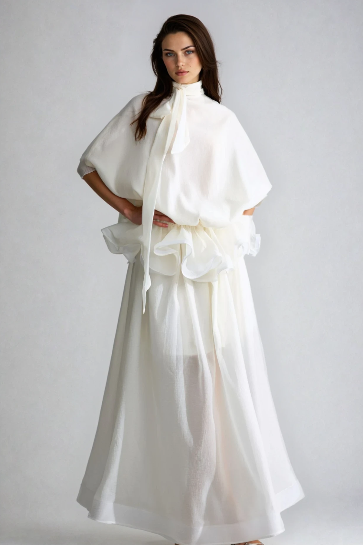 Fadi Batwing Sleeve Ruffle Maxi Dress
