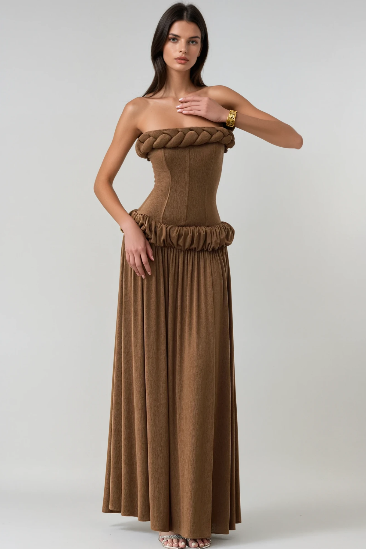 Fahmida Strapless Twist Ruch Maxi Dress