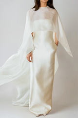 Fallon Mesh Shawl Silky Maxi Dress In White