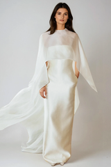 Fallon Mesh Shawl Silky Maxi Dress In White