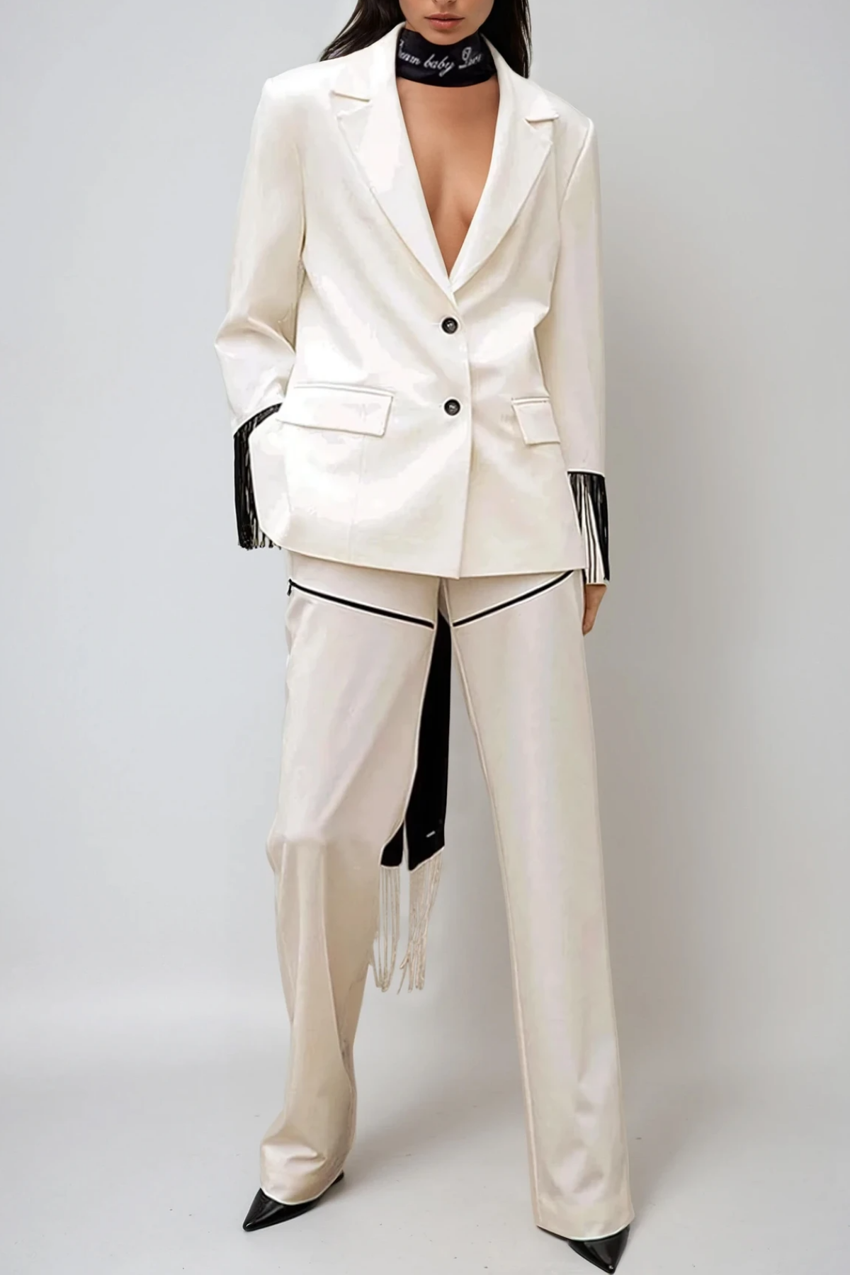 Fariba Backless Fringe Pants Set
