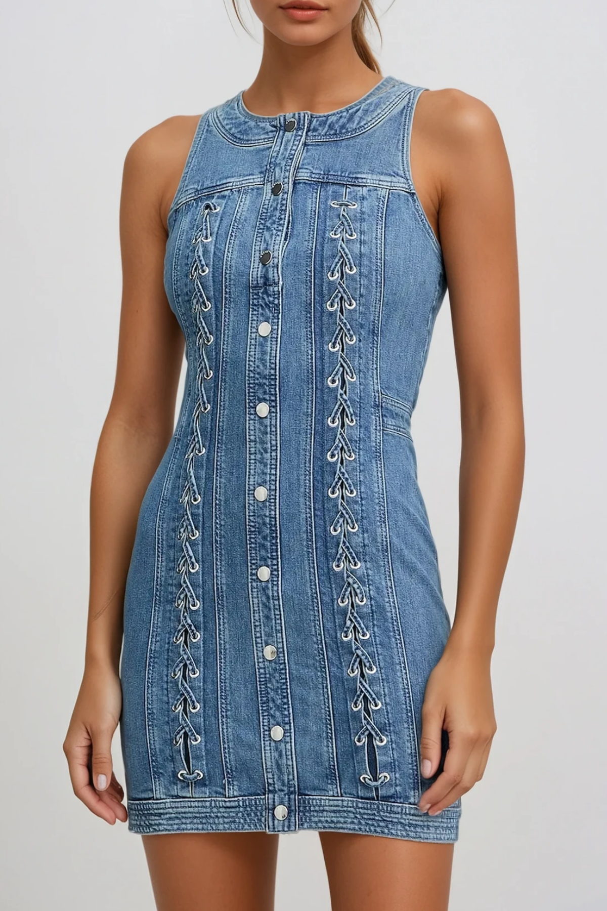 Fatemah Sleeveless Lace Up Denim Mini Dress