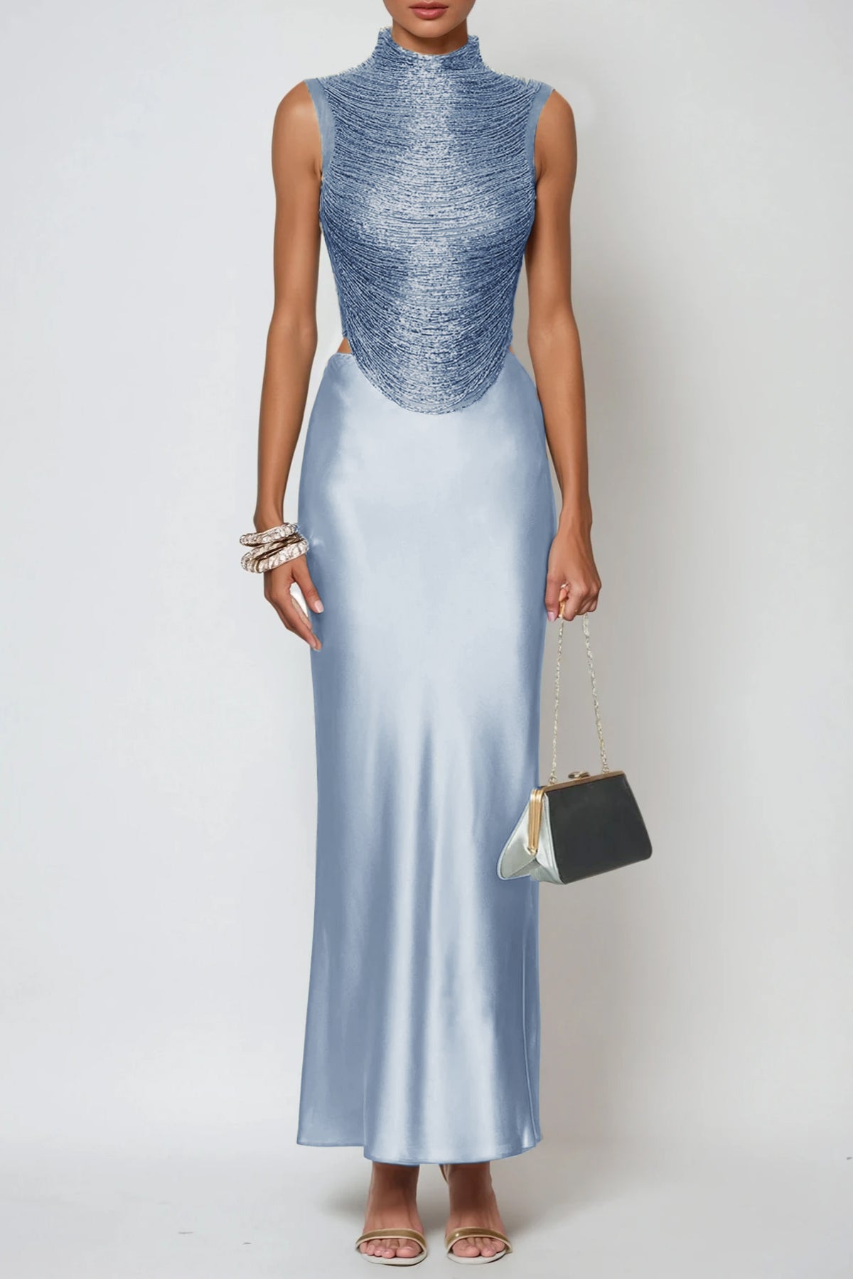 Fedde Fringe Satin Skirt Set In Sky Blue