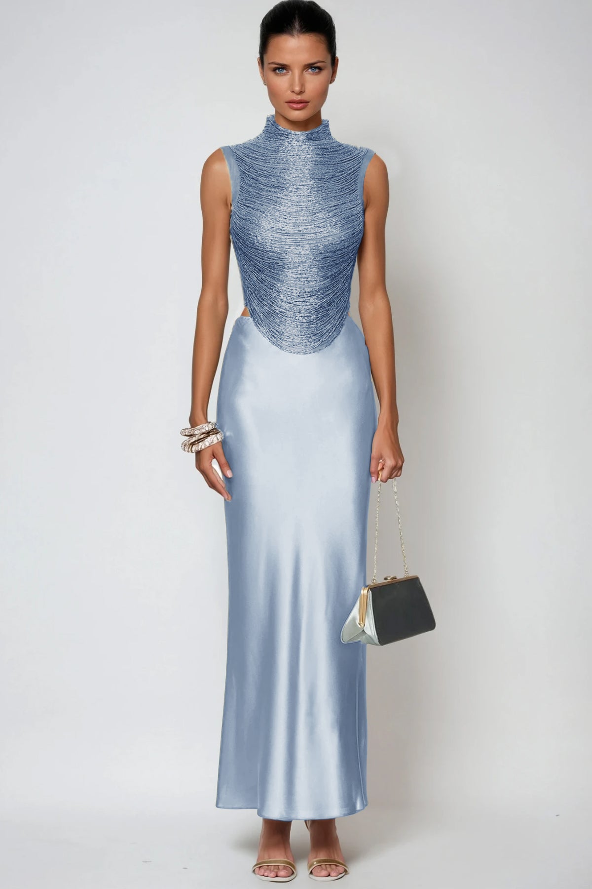 Fedde Fringe Satin Skirt Set In Sky Blue