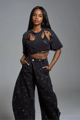 Harlee Cutout Paperclip Embellished T Shirt In Black