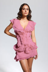 Maura V Neck Ruffle Asymmetric Mini Dress In Pink