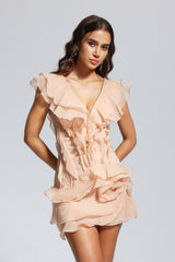Maura V Neck Ruffle Asymmetric Mini Dress In Champagne