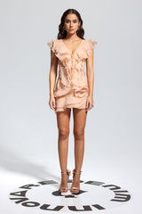 Maura V Neck Ruffle Asymmetric Mini Dress In Champagne