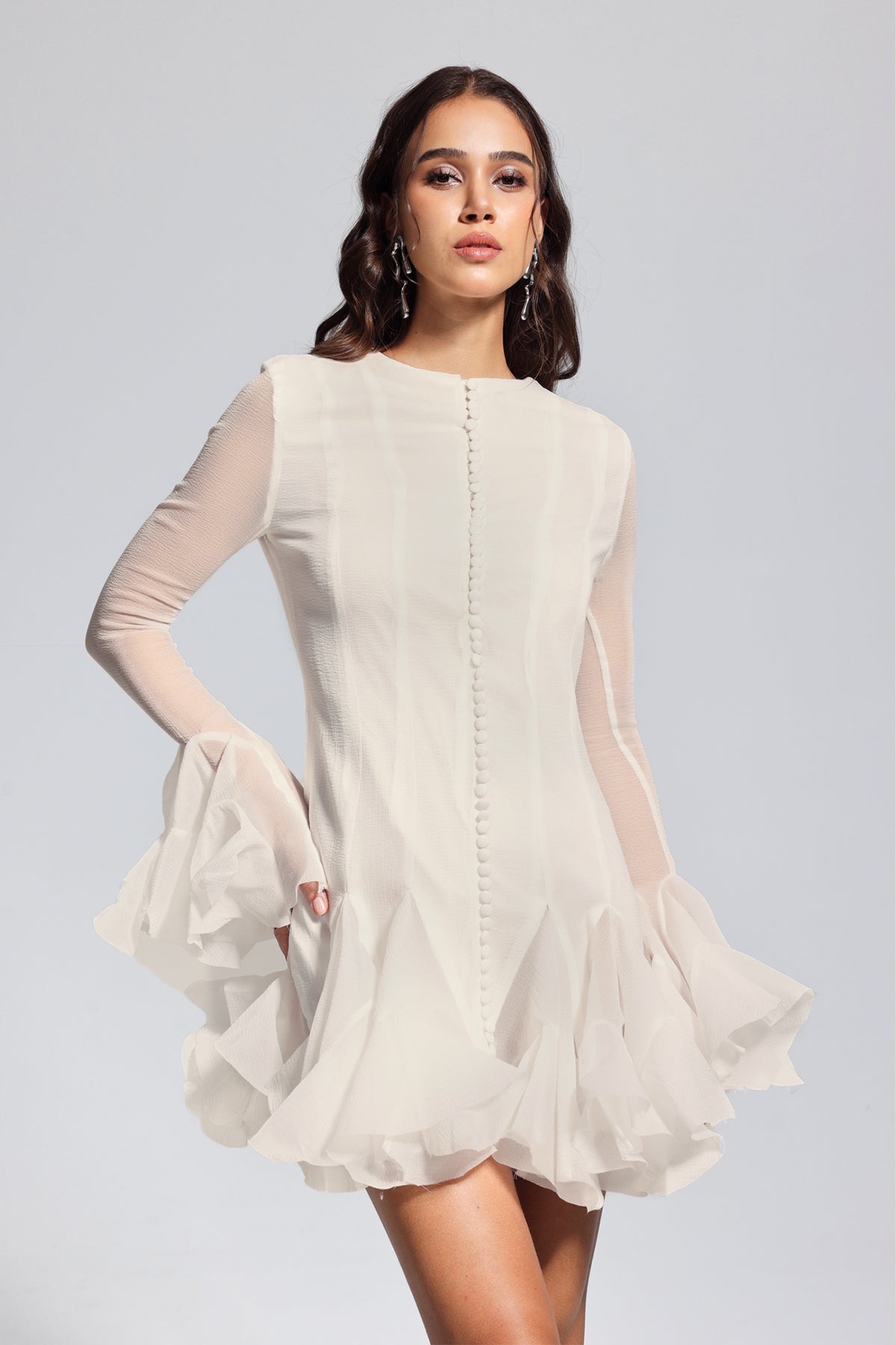McCarthy Mesh Ruffle Mini Dress In Apricot