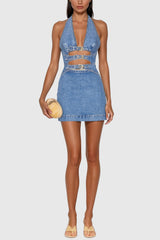 Wace Halter Neck Cutout Buckle Denim Mini Dress