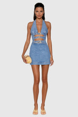 Wace Halter Neck Cutout Buckle Denim Mini Dress