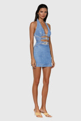 Wace Halter Neck Cutout Buckle Denim Mini Dress