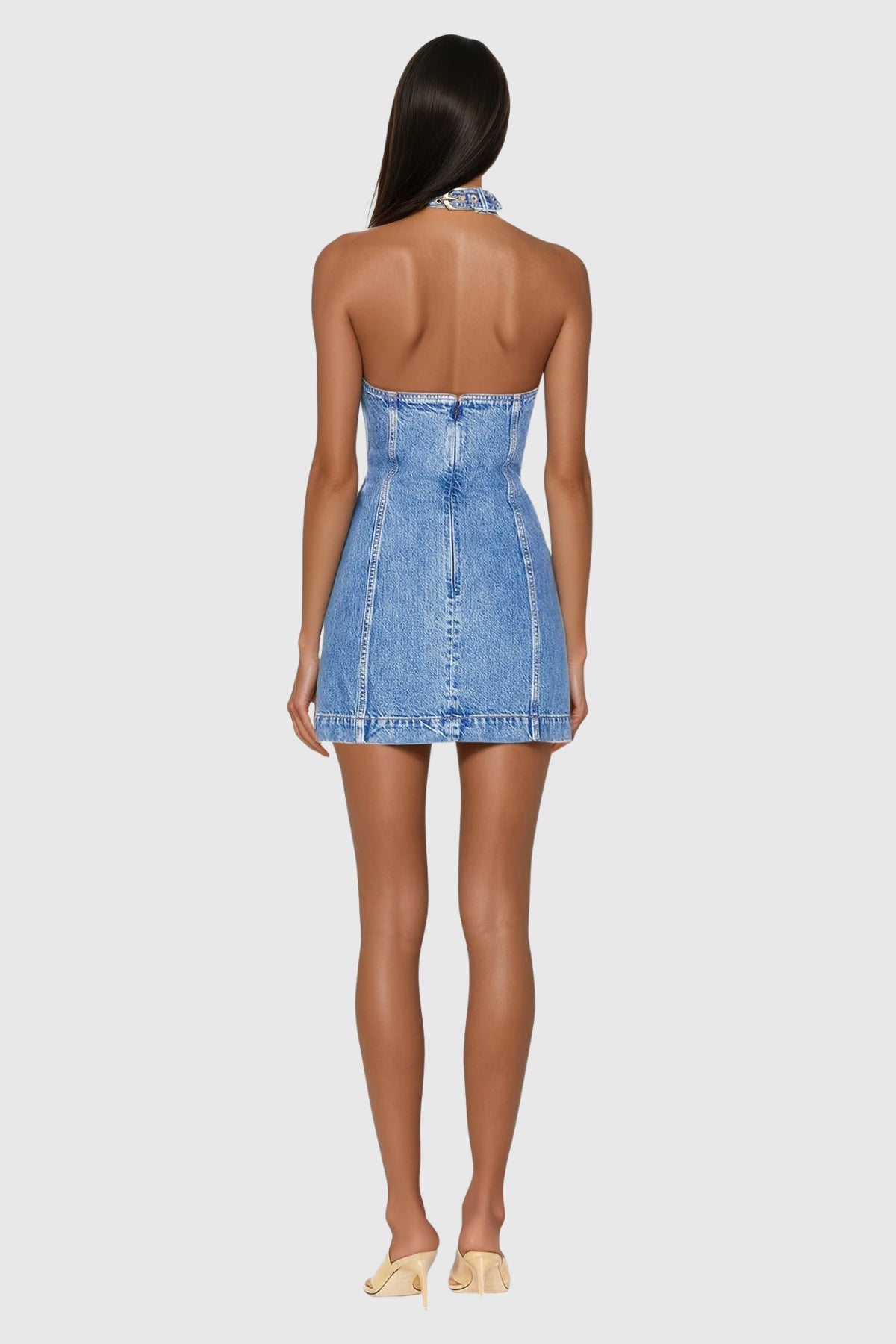 Wace Halter Neck Cutout Buckle Denim Mini Dress