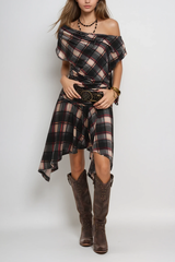 Waldo Grid One Shoulder Asymmetric Midi Dress