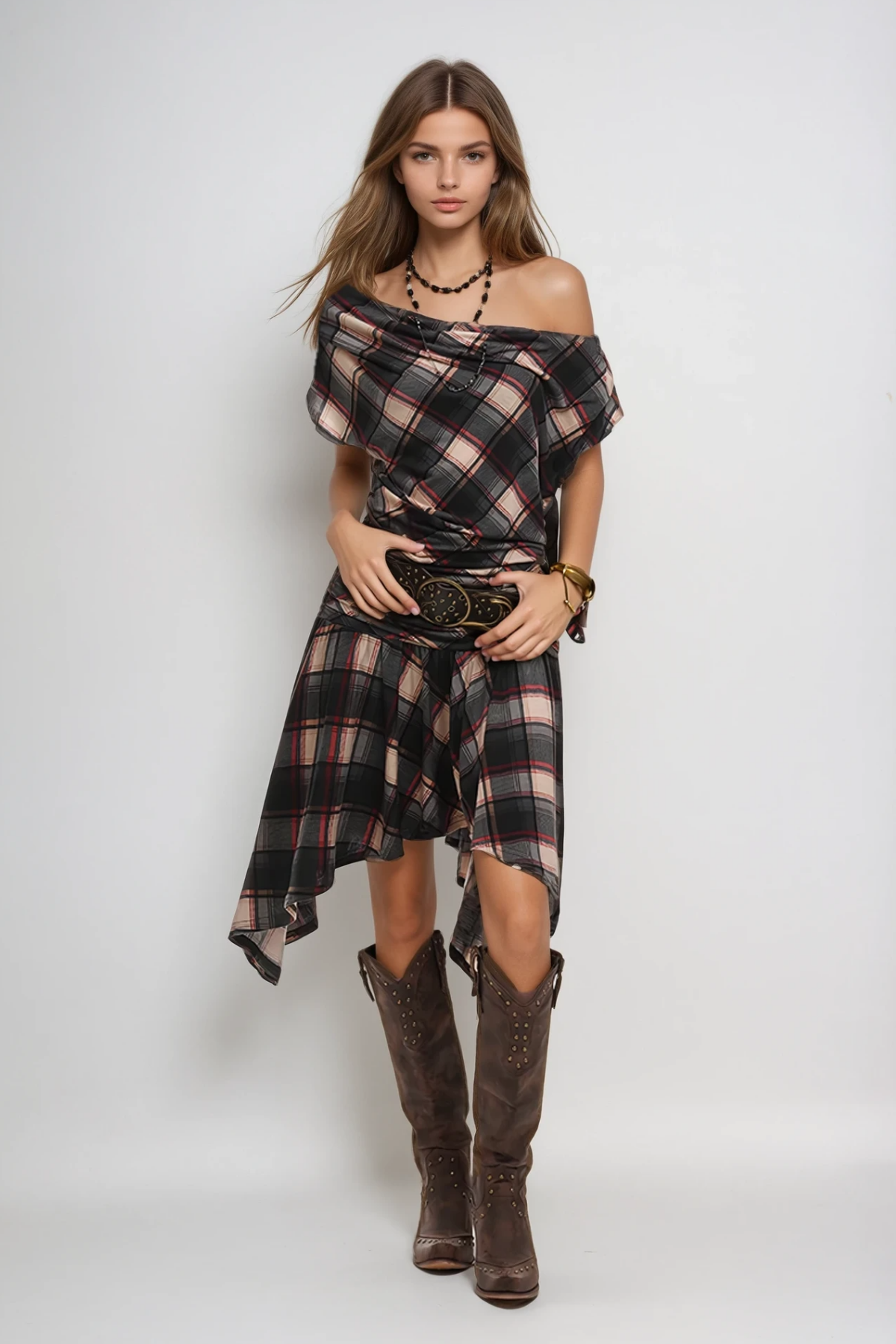 Waldo Grid One Shoulder Asymmetric Midi Dress