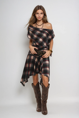 Waldo Grid One Shoulder Asymmetric Midi Dress