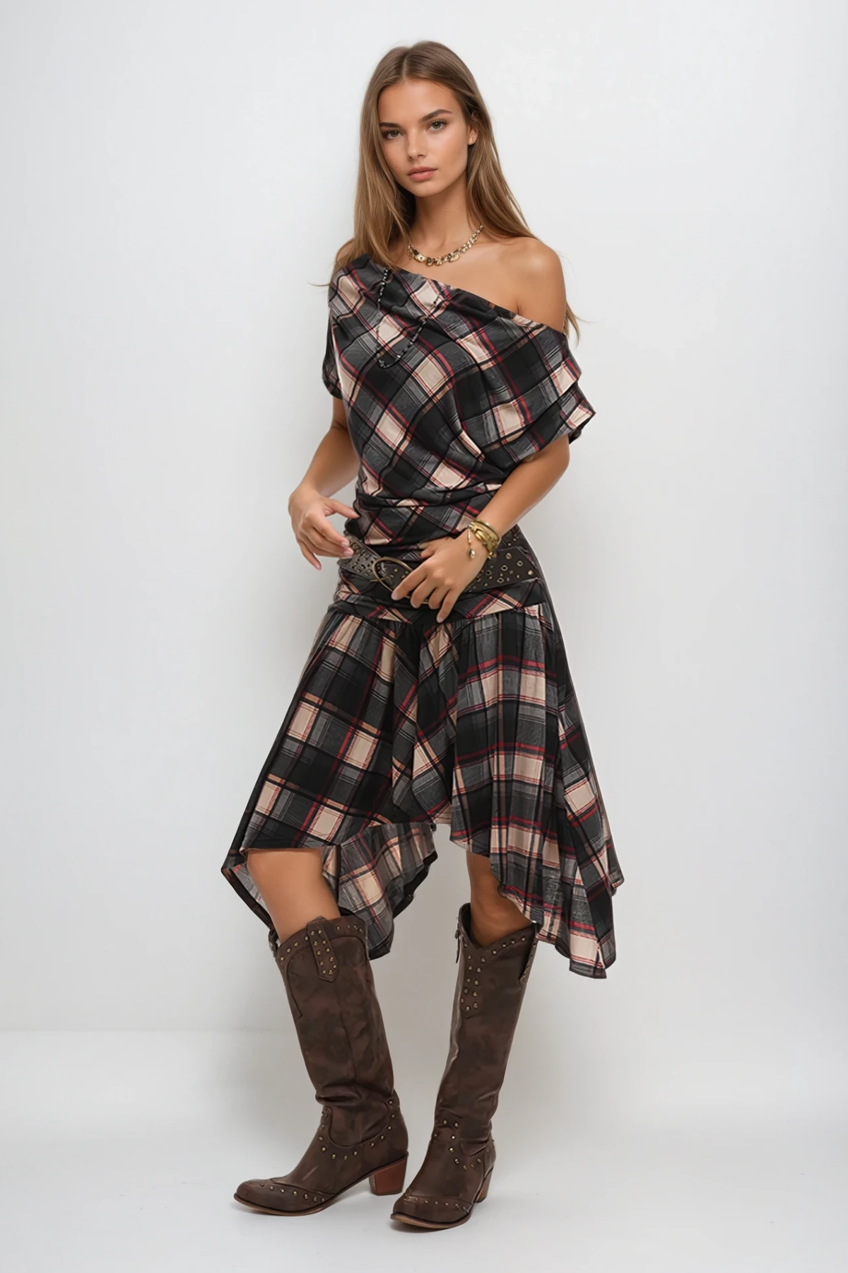 Waldo Grid One Shoulder Asymmetric Midi Dress