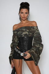 Wim Off Shoulder Print Lace Up Top