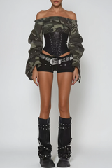 Wim Off Shoulder Print Lace Up Top