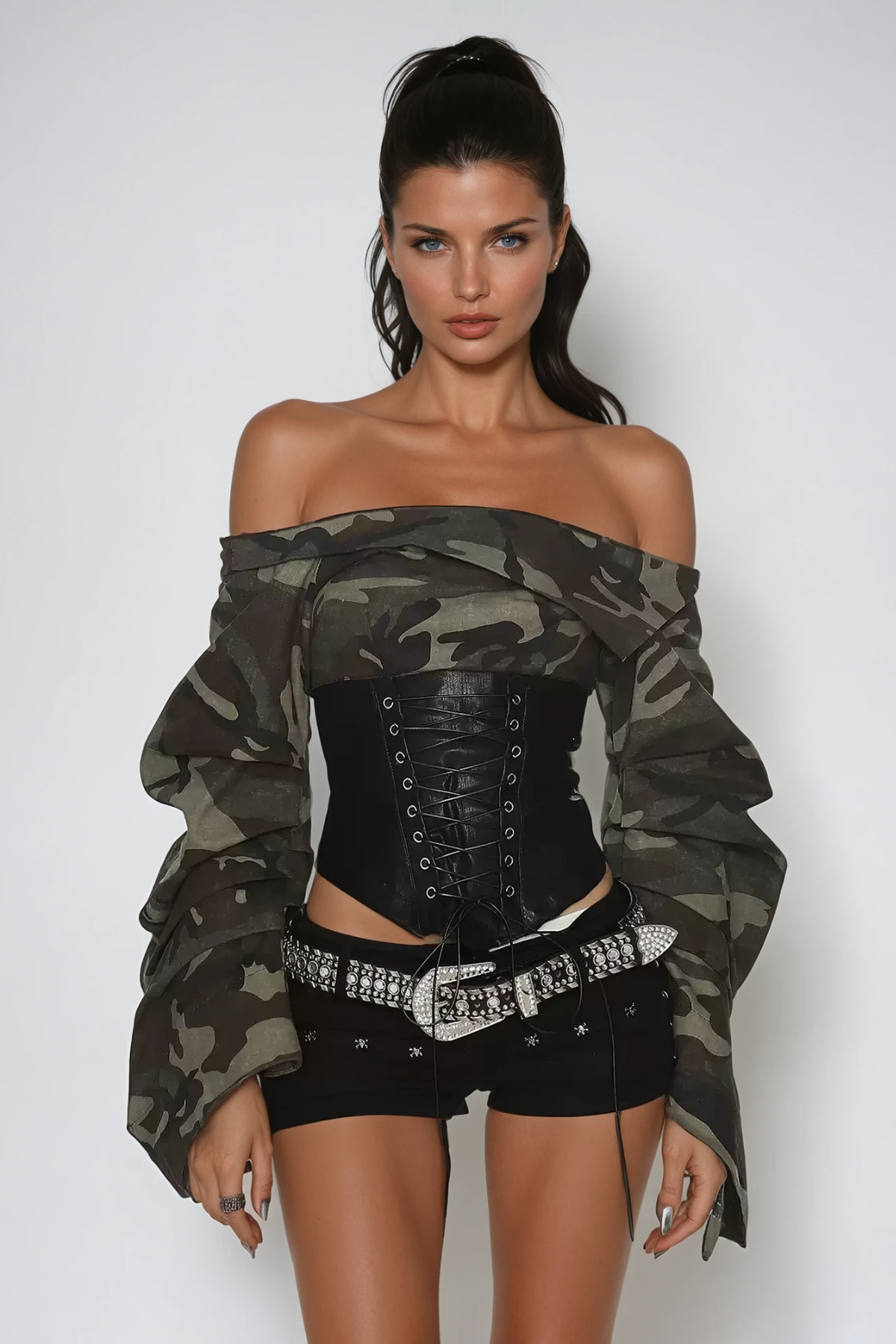 Wim Off Shoulder Print Lace Up Top