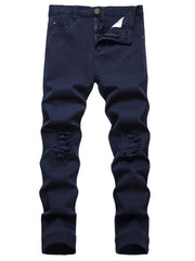 Sapphire Blue Men's Stretch Pants Men's casual ripped sapphire blue stretch pants
