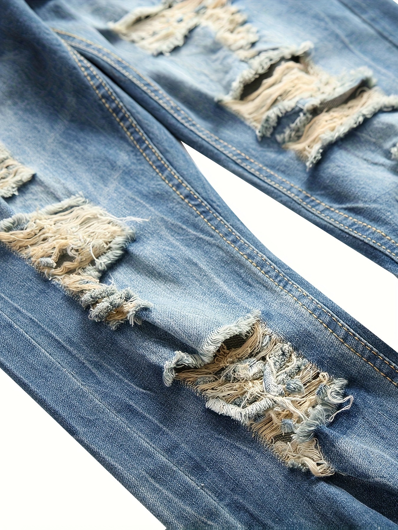 Men's Light Blue Slim-Fit Ripped Jeans - Distressed Streetwear Denim with Pre-Designed Tears, Machine Washable & Built- Zipper for Easy Wear, All-Season Casual Pants for Teens & Young Adults, Teenage Fashion, Streetstyle Clothing, Midwash Denim