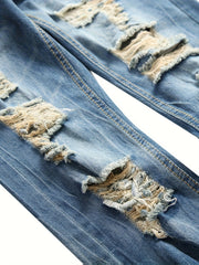 Men's Light Blue Slim-Fit Ripped Jeans - Distressed Streetwear Denim with Pre-Designed Tears, Machine Washable & Built- Zipper for Easy Wear, All-Season Casual Pants for Teens & Young Adults, Teenage Fashion, Streetstyle Clothing, Midwash Denim