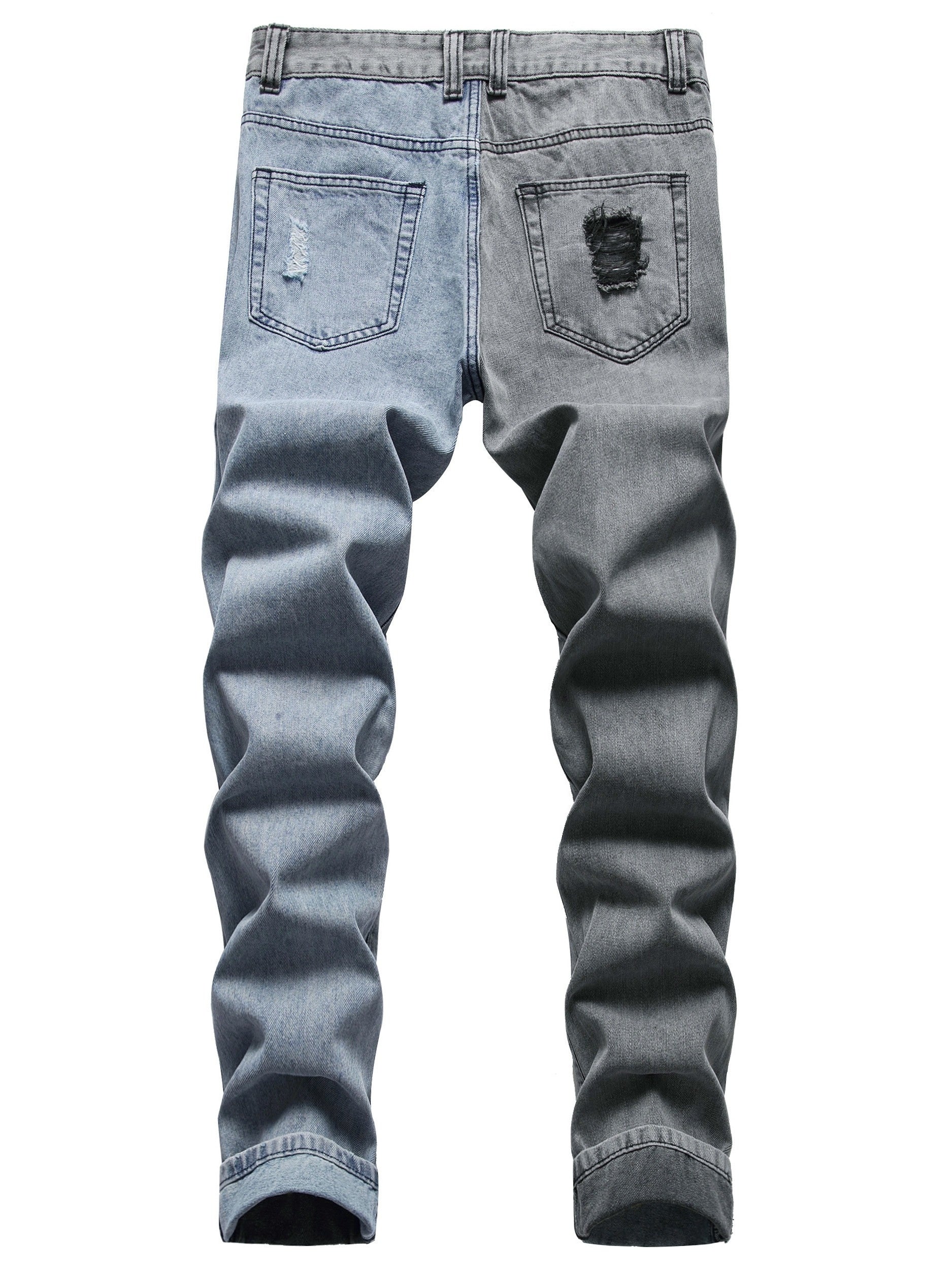 Men's jeans with holes in color matching casual straight slim trousers