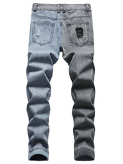 Men's jeans with holes in color matching casual straight slim trousers