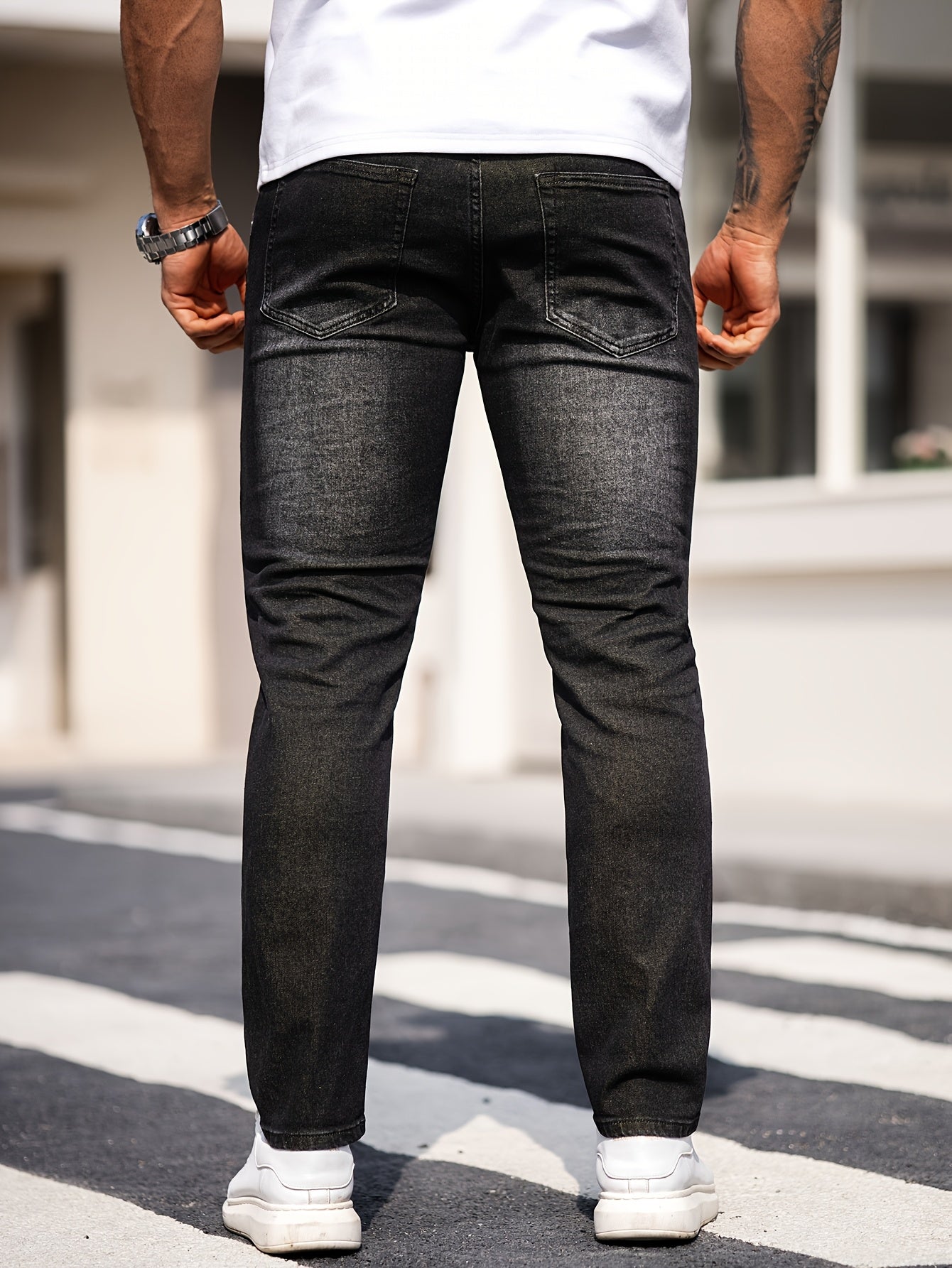 Men'S Black Jeans; Ripped Stretchy Denim Trousers; Casual Fashionable Yellow Ripped Pants