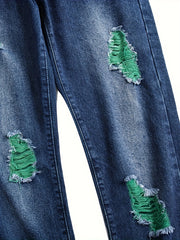 Straight tube men's fashion jeans Men's blue ripped straight tube slim fashion jeans