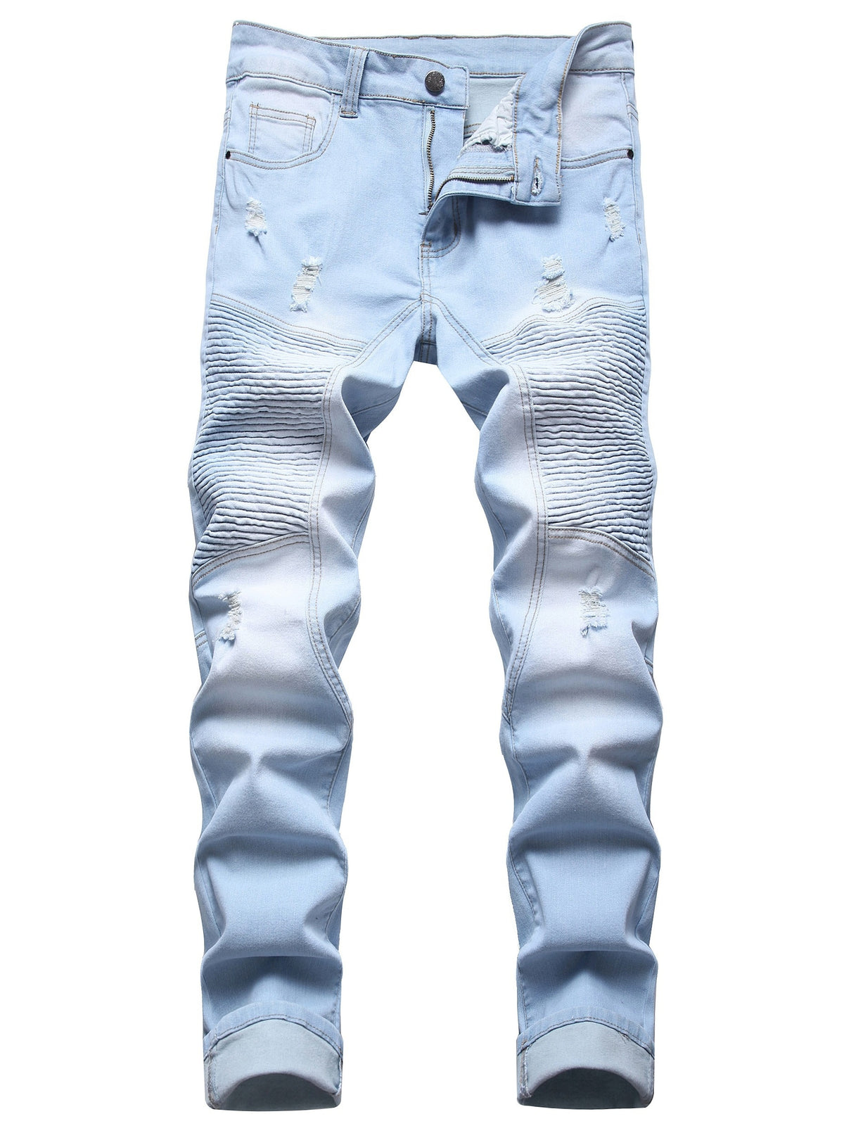 Ripped Slim Light Blue Jeans Men's locomotive ripped stretch slim light blue jeans